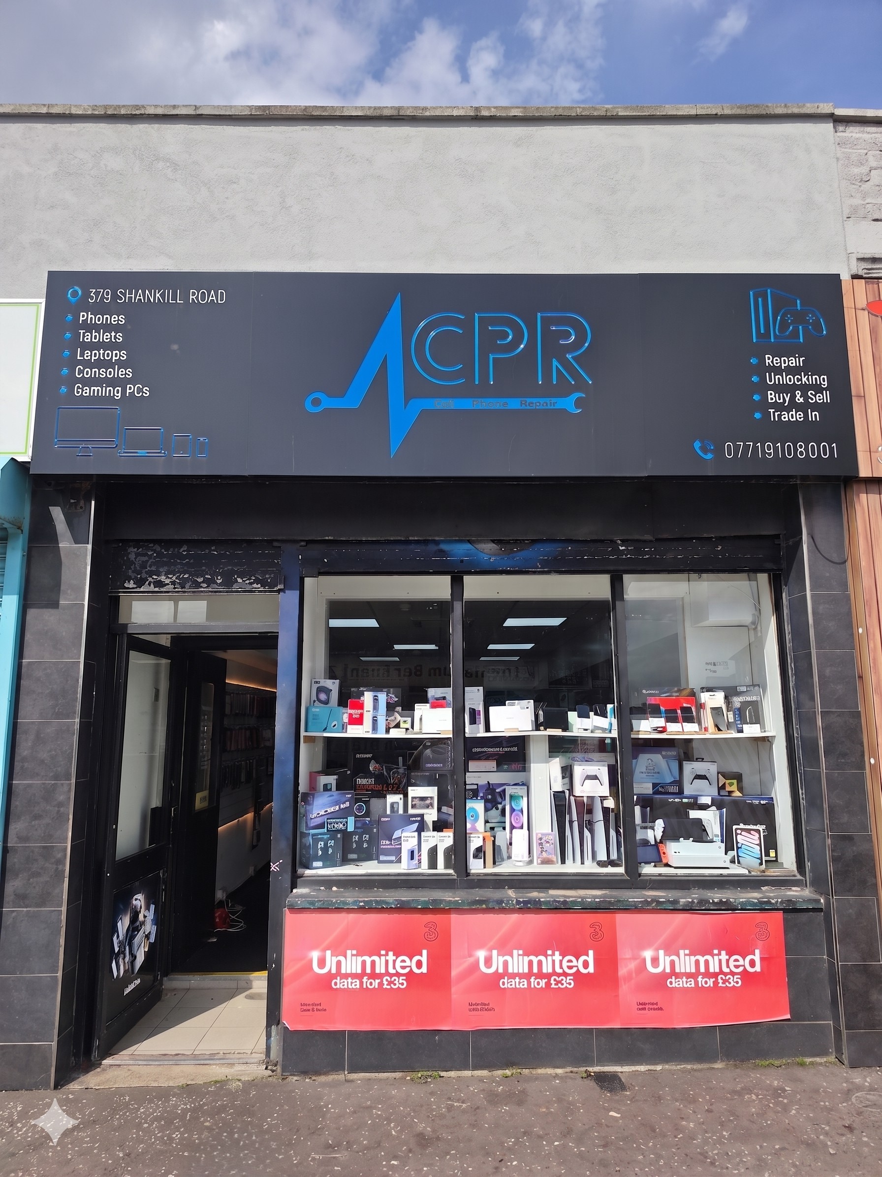 Storefront of CPR Cell Phone Repair at 379 Shankill road, offering phone,tablet,laptop and gaming PC repairs in Belfast